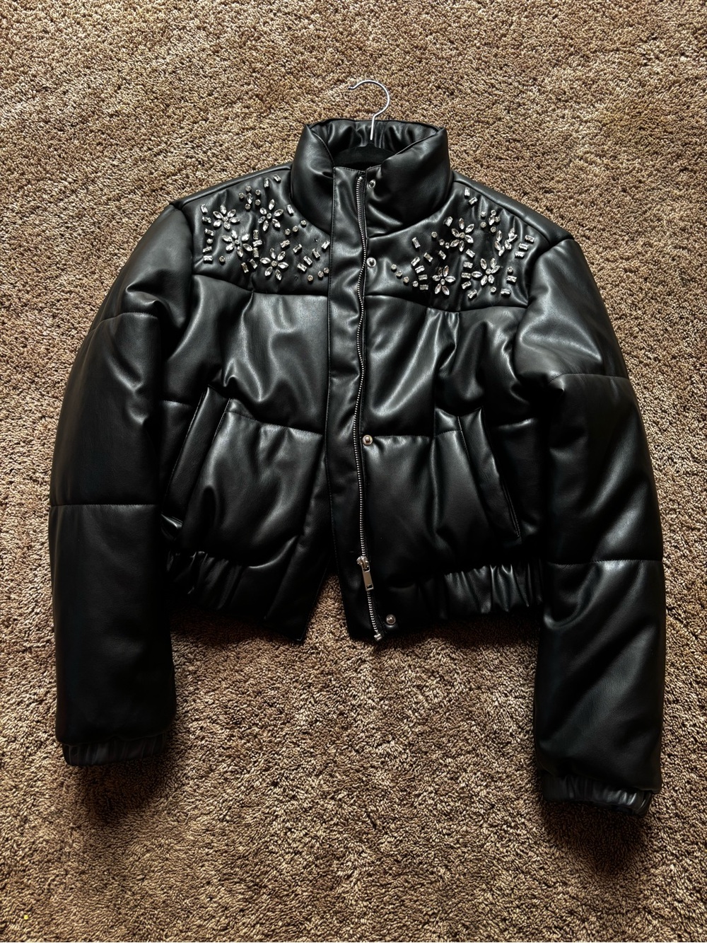 Forever 21 Black Jeweled Faux-Leather Puffer Jacket